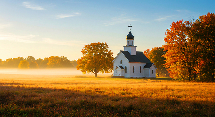 JPG 나무 편집이미지 단풍 자연 하늘 아침 풍경 초원 초록색 햇빛 교회 평화 안개 가을 흰색 농촌 편집실사 AI컴퓨터그래픽 AI콘텐츠 주간 식물 계절 컬러 컨셉 잎 종교건축 날씨 건물 태양 시골 CG 생태계 파일형식