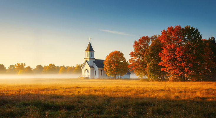 JPG 나무 편집이미지 단풍 자연 하늘 아침 풍경 교회 평화 일출 산책 안개 가을 조화 풍요 편집실사 AI컴퓨터그래픽 AI콘텐츠 주간 식물 계절 컨셉 잎 종교건축 날씨 휴식 건물 노을 CG 생태계 파일형식