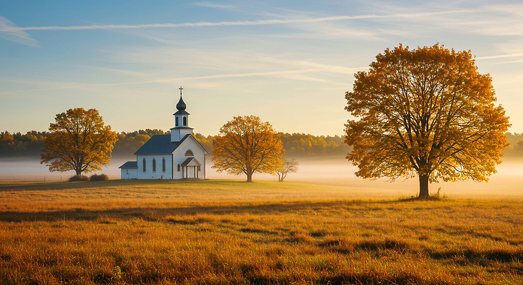 JPG 나무 편집이미지 단풍 자연 하늘 아침 풍경 초원 교회 평화 일출 고요 안개 가을 뷰티풀 편집실사 AI컴퓨터그래픽 AI콘텐츠 주간 식물 계절 컨셉 잎 종교건축 날씨 건물 노을 CG 생태계 파일형식