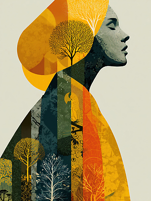 JPG 모양 나무 식물 편집이미지 디자인 여자 예술 컬러 패턴 자연 옆모습 그래픽 환경 표현 윤곽 감성 조화 생동감 창의성 특징 이미지편집 AI컴퓨터그래픽 AI콘텐츠 뷰포인트 컨셉 무늬 사람 생태계 파일형식