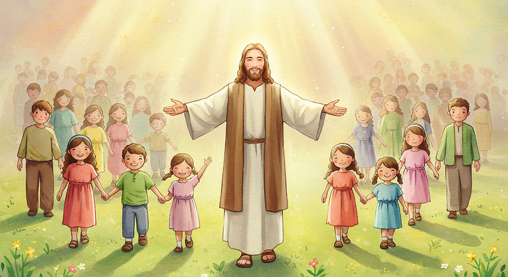 JPG 행복 감정 종교 어린이 일러스트 자연 따뜻함 사랑 웃음 햇빛 평화 손잡기 기쁨 예수 축복 그림 소통 공동체 리더쉽 순간 국내일러스트 AI일러스트 AI콘텐츠 컨셉 모션 표정 사람 태양 신_종교 생태계 파일형식