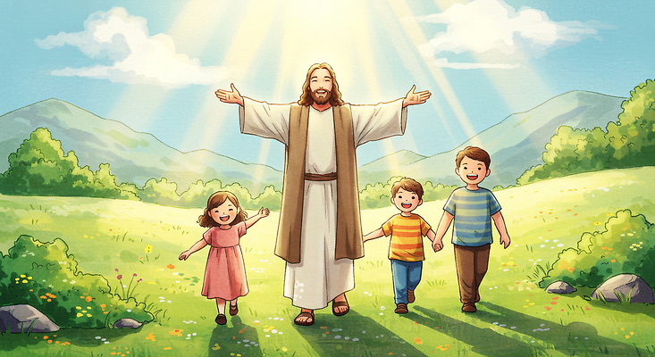 JPG 나무 꽃 행복 종교 어린이 일러스트 가족 자연 사랑 웃음 초원 여름 친구 햇빛 평화 걷기 예수 장면 화합 소통 국내일러스트 AI일러스트 AI콘텐츠 식물 계절 감정 컨셉 관계 모션 표정 사람 태양 신_종교 생태계 파일형식