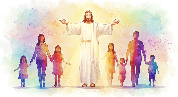 JPG 전통 기독교 종교 어린이 백그라운드 일러스트 가족 포옹 따뜻함 사랑 교회 평화 희망 예수 축복 그림 신성 환영 공동체 국내일러스트 AI일러스트 AI콘텐츠 감정 컨셉 관계 종교건축 안기 사람 건물 신_종교 파일형식