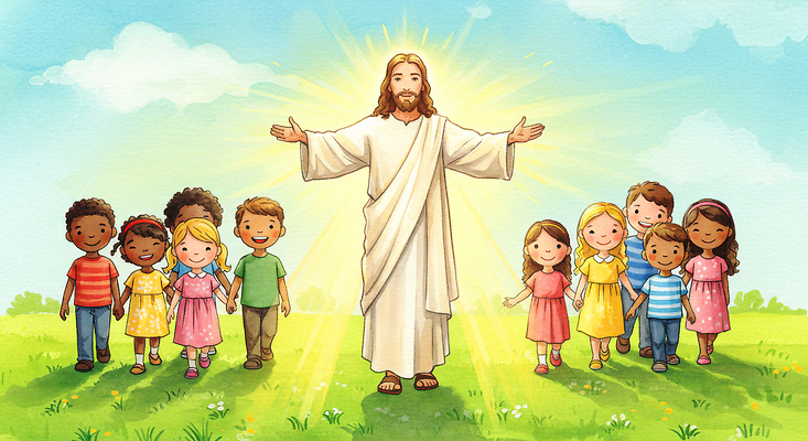 JPG 교육 행복 종교 어린이 백그라운드 일러스트 포옹 자연 사랑 친구 햇빛 평화 믿음 손잡기 희망 기쁨 예수 즐거움 공동체 국내일러스트 AI일러스트 AI콘텐츠 감정 컨셉 관계 안기 모션 사람 태양 신_종교 생태계 파일형식