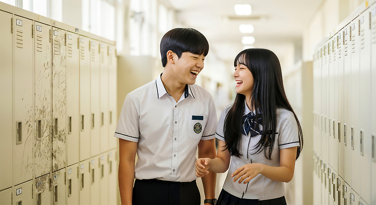 JPG 편집이미지 학생 여학생 남학생 셔츠 학교 관계 청소년 고등학교 대화 웃음 친구 활발 복도 블라우스 소통 의료성형뷰티 편집실사 AI인물포토 AI콘텐츠 여자 교육 남자 컨셉 상의 표정 말하기 사람 CG 파일형식 AI포토