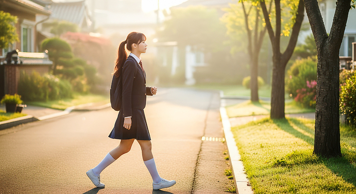 JPG 나무 편집이미지 학생 전통 교복 학교 청소년 아침 거리 주택 풍경 일상 햇빛 걷기 산책 조용 의료성형뷰티 편집실사 AI인물포토 AI콘텐츠 주간 식물 옷 교육 모션 휴식 사람 건물 라이프 태양 CG 파일형식 AI포토
