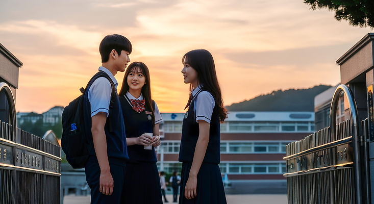 JPG 편집이미지 교육 학교 청소년 고등학생 대화 미소 친구 청춘 노을 저녁 즐거움 소셜 정문 의료성형뷰티 편집실사 AI인물포토 AI콘텐츠 자연요소 학생 감정 컨셉 관계 표정 말하기 사람 문 야간 CG 파일형식 AI포토