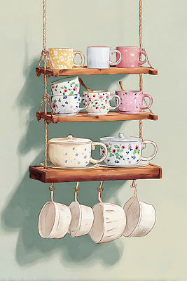 JPG 나무 식기 디자인 예술 컬러 생활용품 일러스트 선반 주택 컵 인테리어 주방 감상 도자기 찻주전자 정리 수공예 국내일러스트 AI일러스트 AI콘텐츠 식물 가구 주전자 건물 공예 오브젝트 파일형식