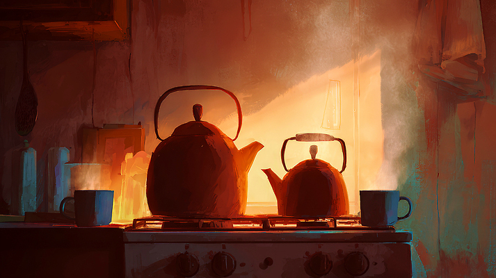 JPG 식기 디자인 커피 일러스트 주전자 조명 따뜻함 일상 물 주방 분위기 차 가스레인지 오브젝트 끓이기 색감 국내일러스트 AI일러스트 AI콘텐츠 자연요소 음료 컨셉 모션 주방용품 라이프 가전제품 레인지 파일형식