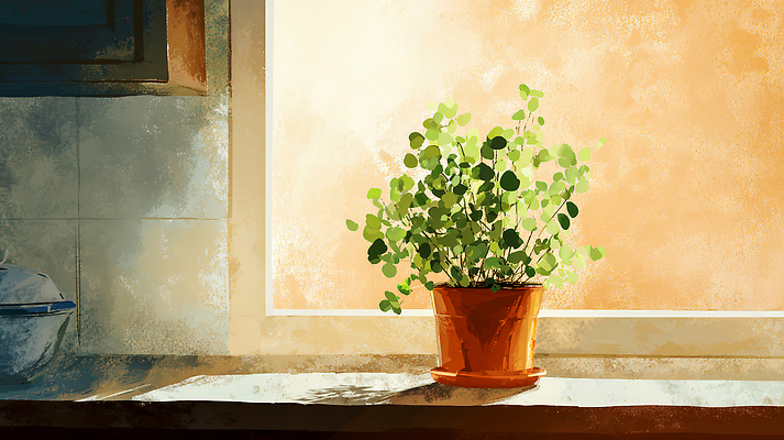 JPG 나무 식물 화분 화초 여유 일러스트 자연 주택 실내 건강 일상 장식 초록색 햇빛 평화 주방 성장 편안함 창가 뷰티풀 국내일러스트 AI일러스트 AI콘텐츠 감정 컬러 컨셉 창문 내부 건물 라이프 태양 감각 생태계 파일형식