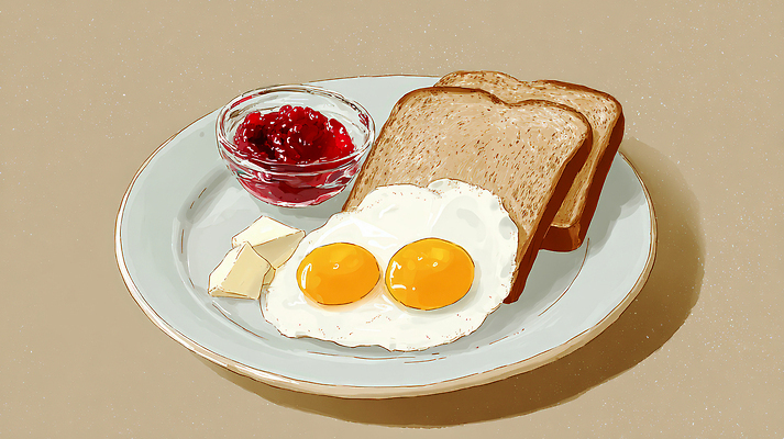JPG 음식 빵 일러스트 아침 유제품 요리 계란 식사 아침식사 편안함 계란프라이 잼 토스트 버터 노른자 식판 건강식 국내일러스트 AI일러스트 AI콘텐츠 주간 알 감각 소스_음식 계란요리 파일형식