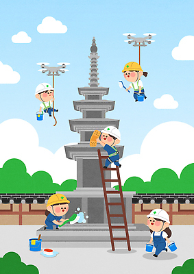 일러스트 하늘 협력 기술 공사 계단 탑 문화재 도구 작업 사무 사찰 안전모 청소 조심 손질 드론 작업자 국내일러스트 AI파일 건축물 종교건축 건설업 업무 헬멧 안전장비 파일형식 벡터