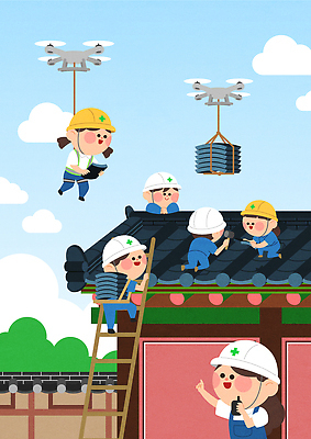 나무 구름 전통 교육 건축 어린이 컬러 일러스트 사다리 자연 지붕 협력 노동자 기술 작업 수리 안전모 드론 국내일러스트 AI파일 자연요소 식물 직업 사람 도구 헬멧 안전장비 생태계 파일형식 벡터