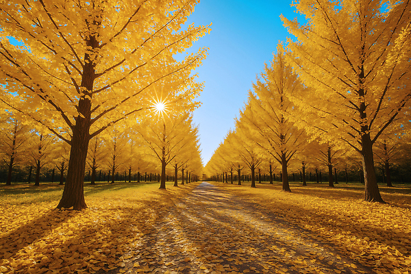 JPG 나무 편집이미지 도로 여행 자연 하늘 풍경 여름 햇빛 노란색 가을 은행나무 뷰티풀 편집실사 AI포토 AI콘텐츠 식물 계절 길 컬러 교통시설 태양 CG 생태계 파일형식