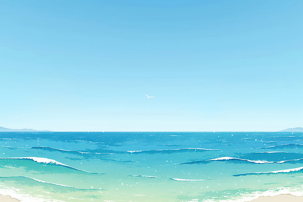 JPG 물결 모래 바다 여행 일러스트 자연 하늘 풍경 해변 여름 파란색 햇빛 평화 일출 지평선 해수욕 조용 수평선 국내일러스트 AI일러스트 AI콘텐츠 계절 컬러 컨셉 휴가 태양 노을 생태계 파일형식