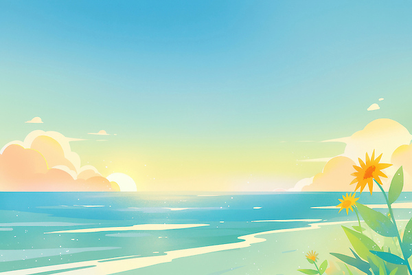 JPG 꽃 여유 물결 바다 일러스트 자연 하늘 풍경 해변 여름 파란색 빛 세계 태양 노란색 평화 일몰 저녁 조용 뷰티풀 국내일러스트 AI일러스트 AI콘텐츠 자연요소 식물 계절 감정 컬러 컨셉 노을 야간 생태계 파일형식