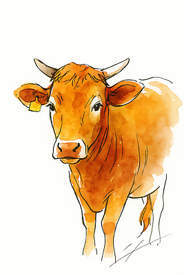 JPG 동물 캐릭터 예술 농업 일러스트 자연 수채화 동물원 풍경 초원 농장 평화 환경 주황색 소리 소 축산업 먹이 젖소 그림 국내일러스트 AI일러스트 AI콘텐츠 산업 컬러 컨셉 포유류 생태계 파일형식