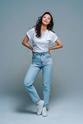 JPG 스튜디오촬영 모델 편집이미지 헤어스타일 옷 여자 패션 미소 캐주얼 청바지 자신감 편안함 단순화된 의료성형뷰티 스타일 편집실사 AI인물포토 AI콘텐츠 감정 바지 실내 표정 사람 감각 CG 파일형식 AI포토