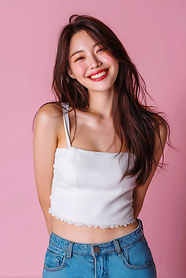 JPG 편집이미지 긴머리 여자 패션 행복 분홍색 백그라운드 미소 캐주얼 청춘 청바지 밝은색 뷰티풀 의료성형뷰티 편집실사 AI인물포토 AI콘텐츠 헤어스타일 옷 감정 컬러 컨셉 바지 표정 사람 CG 파일형식 AI포토