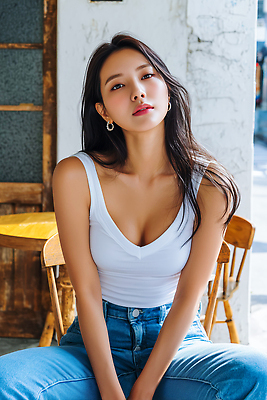 JPG 편집이미지 여자 패션 표정 앉기 일상 햇빛 공간 카페 매력적 청바지 자신감 편안함 의료성형뷰티 스타일 편집실사 AI인물포토 AI콘텐츠 감정 컨셉 바지 모션 사람 라이프 태양 상점 감각 CG 파일형식 AI포토