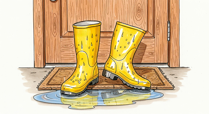 JPG 신발 일러스트 자연 출입구 바닥 주택 장화 야외 일상 물 여름 노란색 촉촉함 물방울 비 현관문 웅덩이 고무 방수 수분_꽃가루 국내일러스트 AI일러스트 AI콘텐츠 자연요소 계절 컬러 날씨 건물 라이프 문 젖음 생태계 파일형식