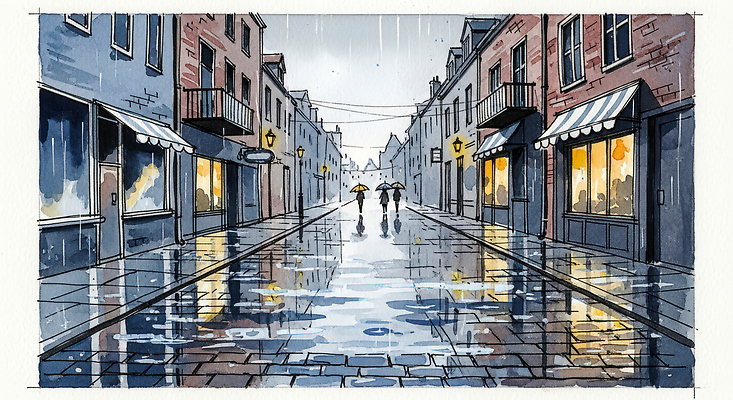 JPG 예술 일러스트 우산 날씨 거리 회화 미술 풍경 여러명 여름 빛 반사 걷기 상점 산책 도시 비 웅덩이 캔버스 오후 국내일러스트 AI일러스트 AI콘텐츠 자연요소 계절 다수 모션 문화예술 휴식 말하기 사람 파일형식