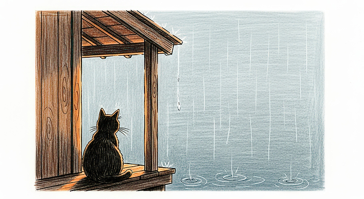 JPG 나무 응시 감정 일러스트 자연 앉기 풍경 일상 반려동물 고양이 소리 고요 물가 비 구조물 고독 포근함 빗방울 흐림 우울감 국내일러스트 AI일러스트 AI콘텐츠 자연요소 식물 동물 시선 건축 포유류 모션 날씨 라이프 감각 비_날씨 생태계 파일형식