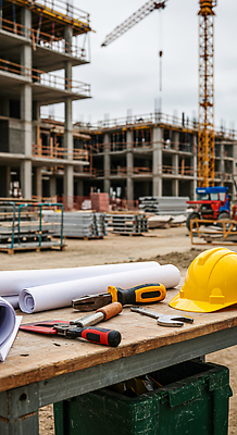 JPG 편집이미지 건축물 건축 공사 건물 기계 설계도 도구 안전모 건축가 기중기 자재 작업대 작업자 인프라 편집실사 AI포토 AI콘텐츠 직업 건설업 중장비 헬멧 안전장비 CG 파일형식