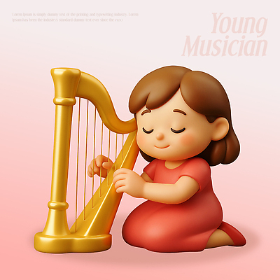 PSD 편집이미지 어린이 예술 악기 음악 연주 3D캐릭터 소녀 음악가 분위기 황금 편안함 집중 감성 하프 파스텔 창의성 편집3D 직업 캐릭터 여자 컨셉 현악기 문화예술 학용품 사람 3D 감각 파일형식