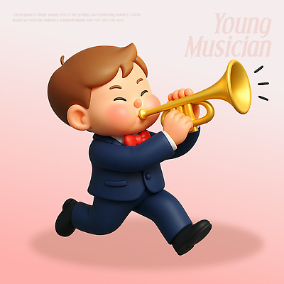 PSD 편집이미지 캐릭터 예술 음악 연주 모션 3D캐릭터 표정 정장 소년 음악가 즐거움 그림 트럼펫 생동감 편집3D 직업 옷 남자 감정 어린이 문화예술 3D 금관악기 파일형식