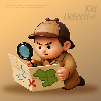 PSD 편집이미지 캐릭터 옷 어린이 지도 모션 귀여움 탐험 집중 그림 확대경 탐정 단서 문제해결 편집3D 컨셉 사람 3D 파일형식