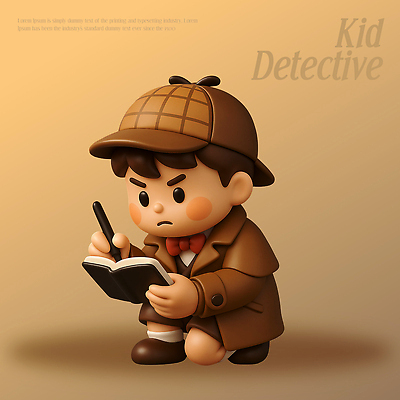 PSD 편집이미지 캐릭터 모자 어린이 모션 표정 귀여움 공책 탐험 비밀 사건 검사_조사 과거 탐정 상상력 편집3D 잡화 컨셉 문구용품 사람 3D 파일형식