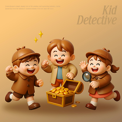 PSD 편집이미지 캐릭터 어린이 웃음 친구 상자 기쁨 탐험 도전 즐거움 보물 금괴 탐정 발견 수사 편집3D 감정 관계 표정 사람 3D 황금 파일형식