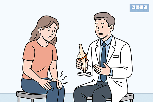 일러스트 의학 건강 대화 설명 안전 치료 모형 건강관리 진료 고통 환자 의사 상담 무릎 클리닉 방문 전문 증상 국내일러스트 AI파일 감정 모션 관리 말하기 신체부위 의료진 파일형식 벡터