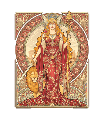 JPG 전통 디자인 드레스 옷 문화 예술 상징 컬러 백그라운드 일러스트 고대문명 이야기 사람 역사 사자 조화 뷰티풀 여신 전설 국내일러스트 AI일러스트 AI콘텐츠 포유류 파일형식