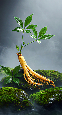 JPG 식물 편집이미지 잎 자연 건강 이끼 초록색 환경 안개 바위 인삼 생태 뿌리 이미지편집 AI컴퓨터그래픽 AI콘텐츠 컬러 날씨 돌_바위 삼 생태계 파일형식