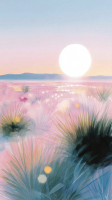 JPG 식물 감정 바다 일러스트 자연 하늘 휴식 따뜻함 풍경 초원 여름 빛 태양 일몰 저녁 그라데이션 수평선 국내일러스트 AI일러스트 AI콘텐츠 자연요소 계절 컨셉 노을 야간 생태계 파일형식