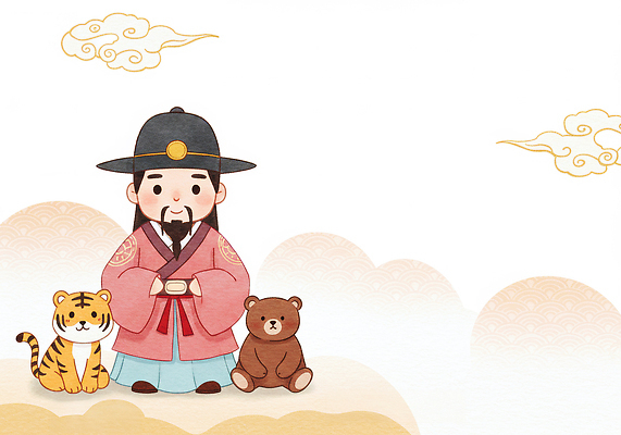 JPG 동물 구름 캐릭터 남자 문화 상징 컬러 일러스트 곰 자연 한국 따뜻함 귀여움 호랑이 전통의상 그림 부드러움 단군 단군신화 국내일러스트 AI일러스트 AI콘텐츠 자연요소 전통 아시아 컨셉 포유류 사람 감각 생태계 신화 파일형식