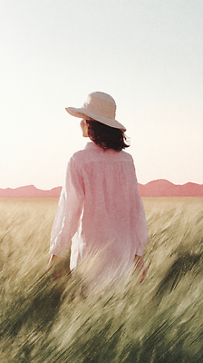 JPG 모자 여자 여행 일러스트 자연 풍경 초원 일상 여름 햇빛 평화 걷기 고요 자유 힐링 감성 붉은산 색감 접착풀 국내일러스트 AI일러스트 AI콘텐츠 잡화 계절 컨셉 모션 문구용품 사람 라이프 태양 풀_접착제 생태계 파일형식