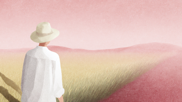 JPG 모자 여유 여행 일러스트 자연 하늘 미소 사람 풍경 초원 평화 걷기 고요 황혼 일몰 산책 금색 시골 오후 몽환 국내일러스트 AI일러스트 AI콘텐츠 잡화 감정 컬러 컨셉 모션 휴식 표정 노을 생태계 파일형식