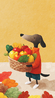 JPG 동물 행복 백그라운드 채소 과일 일러스트 서양음식 농장 바구니 귀여움 주황색 수확 가을 신선 강아지 즐거움 장면 식사준비 국내일러스트 AI일러스트 AI콘텐츠 계절 감정 음식 컬러 컨셉 농업 반려동물 개 준비 파일형식