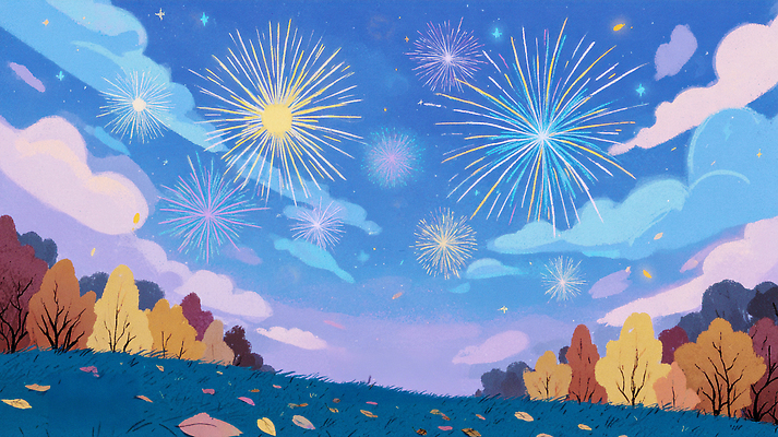 JPG 나무 구름 컬러 잎 일러스트 자연 하늘 날씨 불꽃놀이 풍경 여러명 파란색 반짝임 평화 축제 기쁨 가을 저녁 즐거움 뷰티풀 순간 국내일러스트 AI일러스트 AI콘텐츠 자연요소 식물 계절 감정 다수 컨셉 모션 놀이 사람 야간 생태계 파일형식