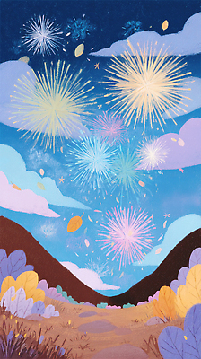 JPG 구름 예술 컬러 일러스트 자연 밤하늘 하늘 불꽃놀이 풍경 여름 축제 고요 축하 분위기 저녁 뷰티풀 경관 국내일러스트 AI일러스트 AI콘텐츠 자연요소 계절 컨셉 놀이 야간 생태계 파일형식