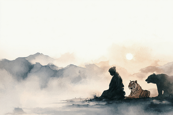 JPG 동물 예술 일러스트 곰 자연 생명 아침 수채화 산 사람 풍경 태양 평화 고요 안개 호랑이 명상 조화 단군 단군신화 몽환 경관 국내일러스트 AI일러스트 AI콘텐츠 주간 자연요소 컨셉 포유류 날씨 생태계 신화 파일형식