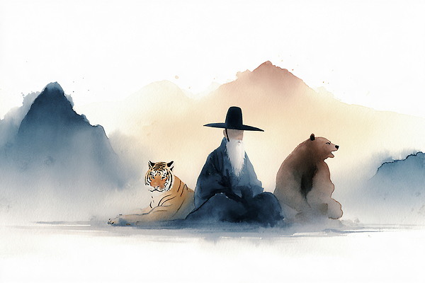 JPG 동물 전통 아시아 문화 예술 일러스트 곰 자연 수채화 산 한국 회화 풍경 평화 고요 호랑이 전통의상 이미지 감성 단군 단군신화 색감 선비 국내일러스트 AI일러스트 AI콘텐츠 갓모자 모자_잡화 나라 컨셉 포유류 전통소품 말하기 생태계 신화 파일형식