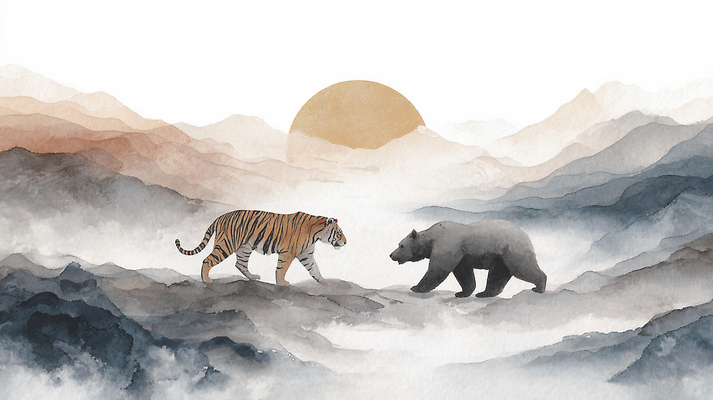JPG 동물 아시아 일러스트 곰 자연 수채화 산 풍경 태양 고요 호랑이 저녁 경계 그림 생태계 조화 단군 단군신화 국내일러스트 AI일러스트 AI콘텐츠 자연요소 나라 포유류 야간 신화 파일형식