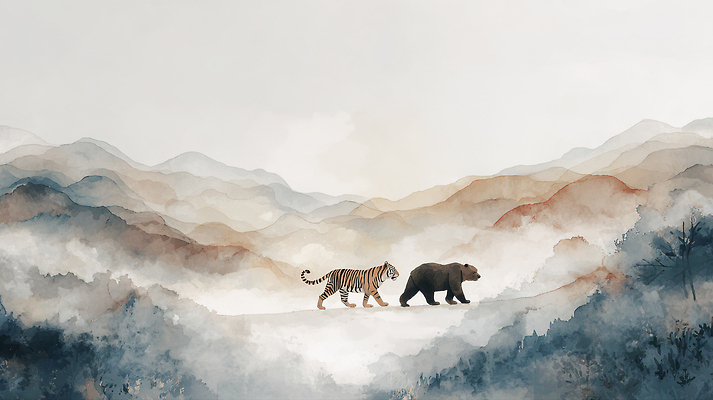 JPG 동물 일러스트 곰 자연 산 풍경 초원 평화 걷기 자연보호 도전 안개 호랑이 숲 생태계 조화 단군 단군신화 동시 국내일러스트 AI일러스트 AI콘텐츠 컨셉 포유류 모션 날씨 보호 신화 파일형식