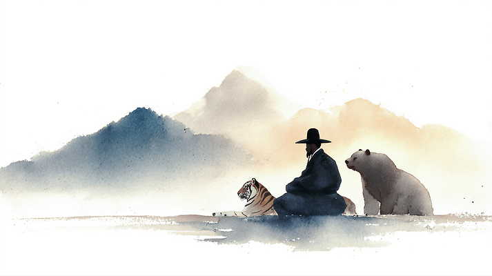 JPG 동물 구름 전통 남자 예술 컬러 일러스트 곰 자연 한국 풍경 일상 평화 호랑이 전통의상 명상 단군 단군신화 몽환 산맥 국내일러스트 AI일러스트 AI콘텐츠 자연요소 아시아 컨셉 포유류 산 사람 라이프 생태계 신화 파일형식