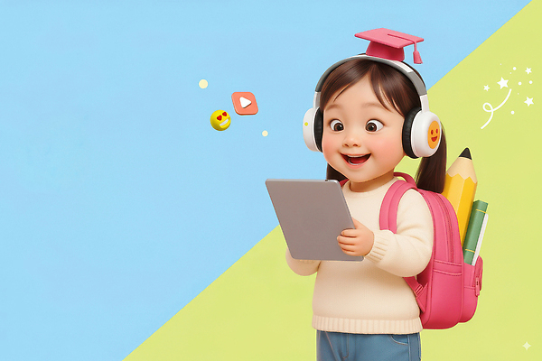 JPG 편집이미지 교육 어린이 컬러 가방 놀이 기술 학습 태블릿 귀여움 디지털 헤드폰 아기 즐거움 창의력 이미지편집 AI컴퓨터그래픽 AI콘텐츠 잡화 감정 음향기기 컨셉 사람 전자제품 스마트기기 파일형식