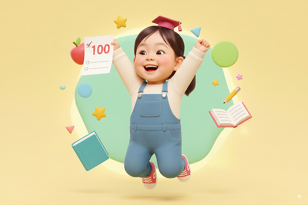 JPG 편집이미지 캐릭터 교육 어린이 백그라운드 성공 학습 노란색 점프 희망 기쁨 시험 축하 오브젝트 100점 이미지편집 AI컴퓨터그래픽 AI콘텐츠 감정 컬러 컨셉 모션 사람 점수 파일형식